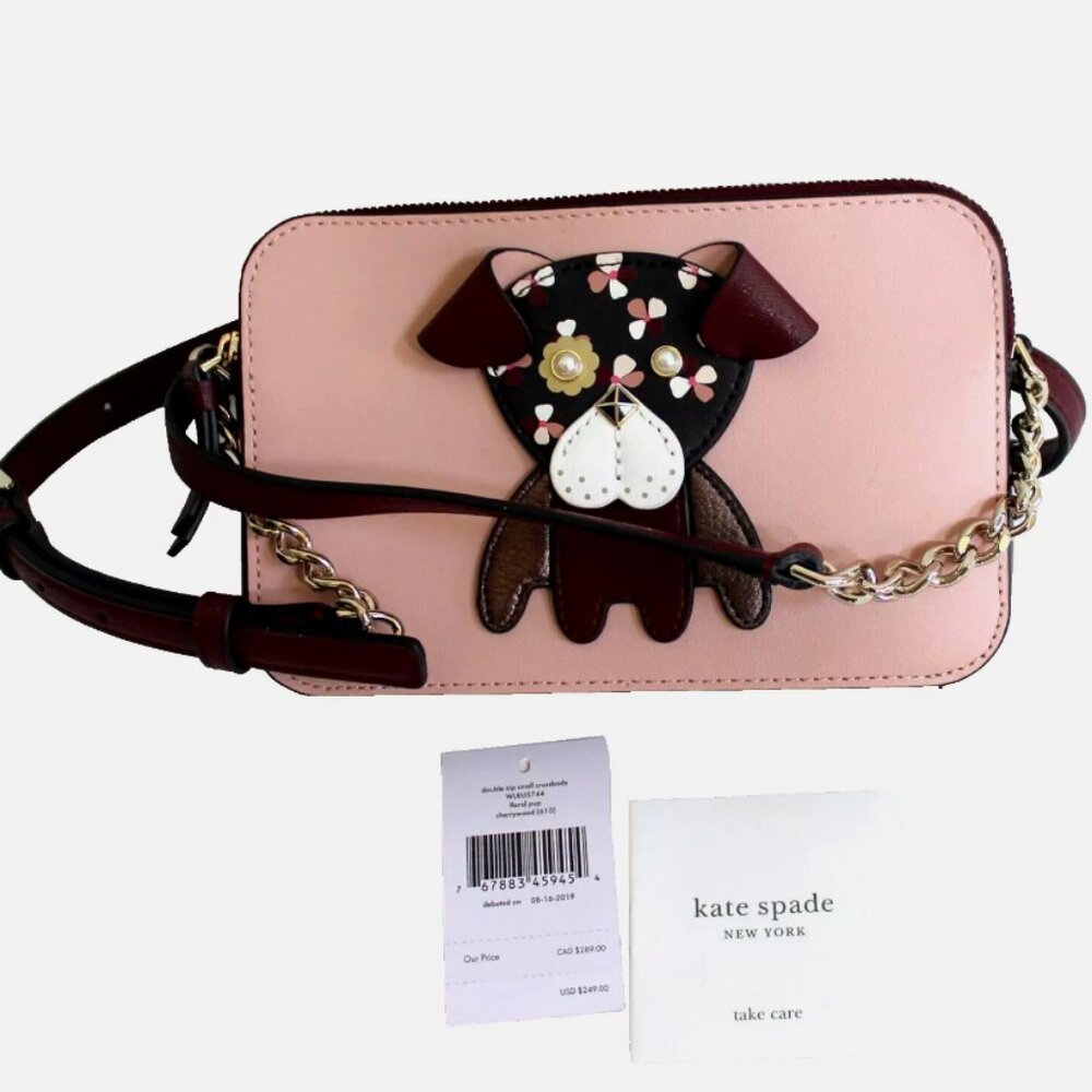 kate spade Floral Pup Cherrywood Double Zip Small Crossbody Bag Purse